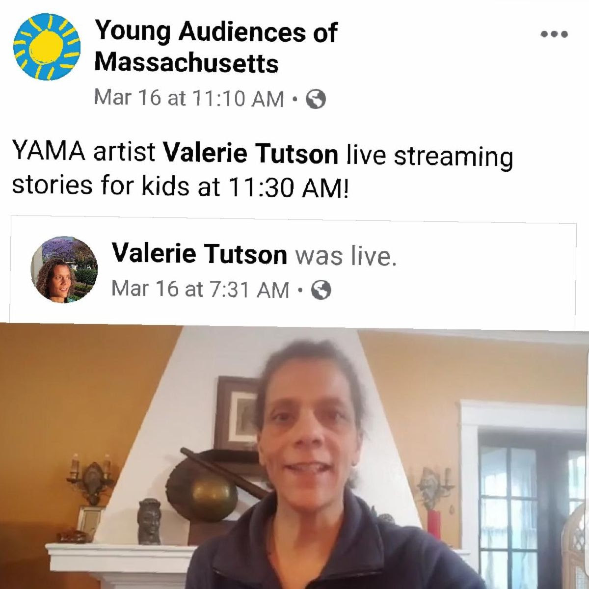 Facebook post of YAMA teaching artist Valerie Tutson live steaming storytelling