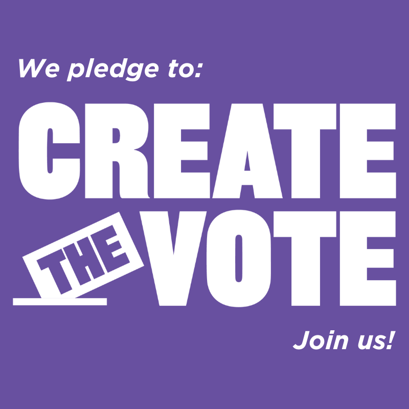 White text in purple box: we pledge to create the vote, join us!